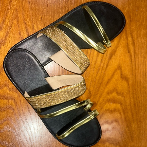 Glamorous Gold Slide Sandals For Women, Rhinestone Decor Multi Strap Sandals. - Picture 2 of 4